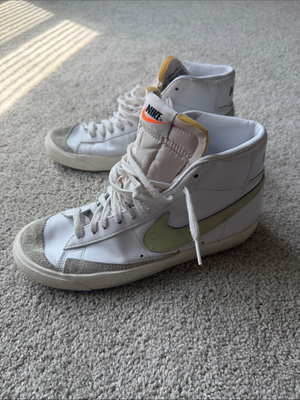 Nike Women’s White High-Top Sneakers with Light Green Swoosh and Yellow Tongue